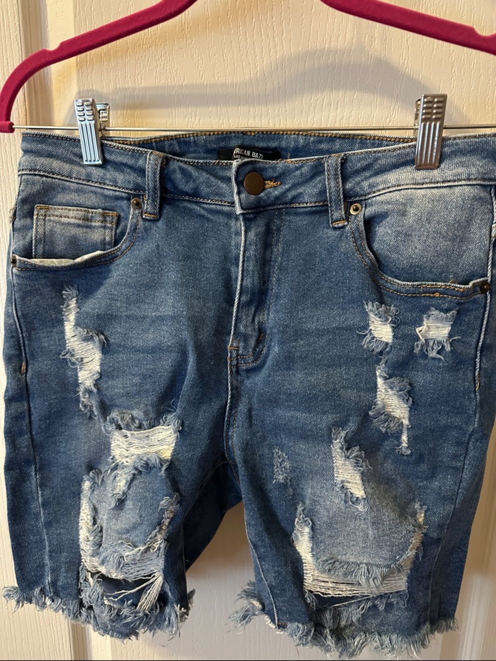 American Bazi Distressed Medium Blue Ripped Denim Shorts